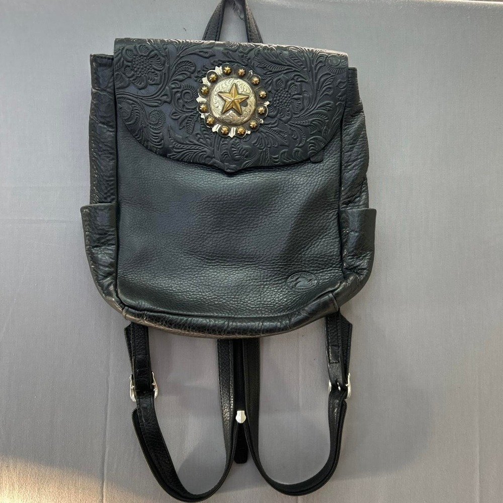 VTG Sergio's Collection Black Leather Backpack Purse Western Concho Tooled BOHO
